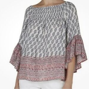 Beach lunch lounge smocked boho 3/4 sleeve off the shoulder flowy navy red cream
